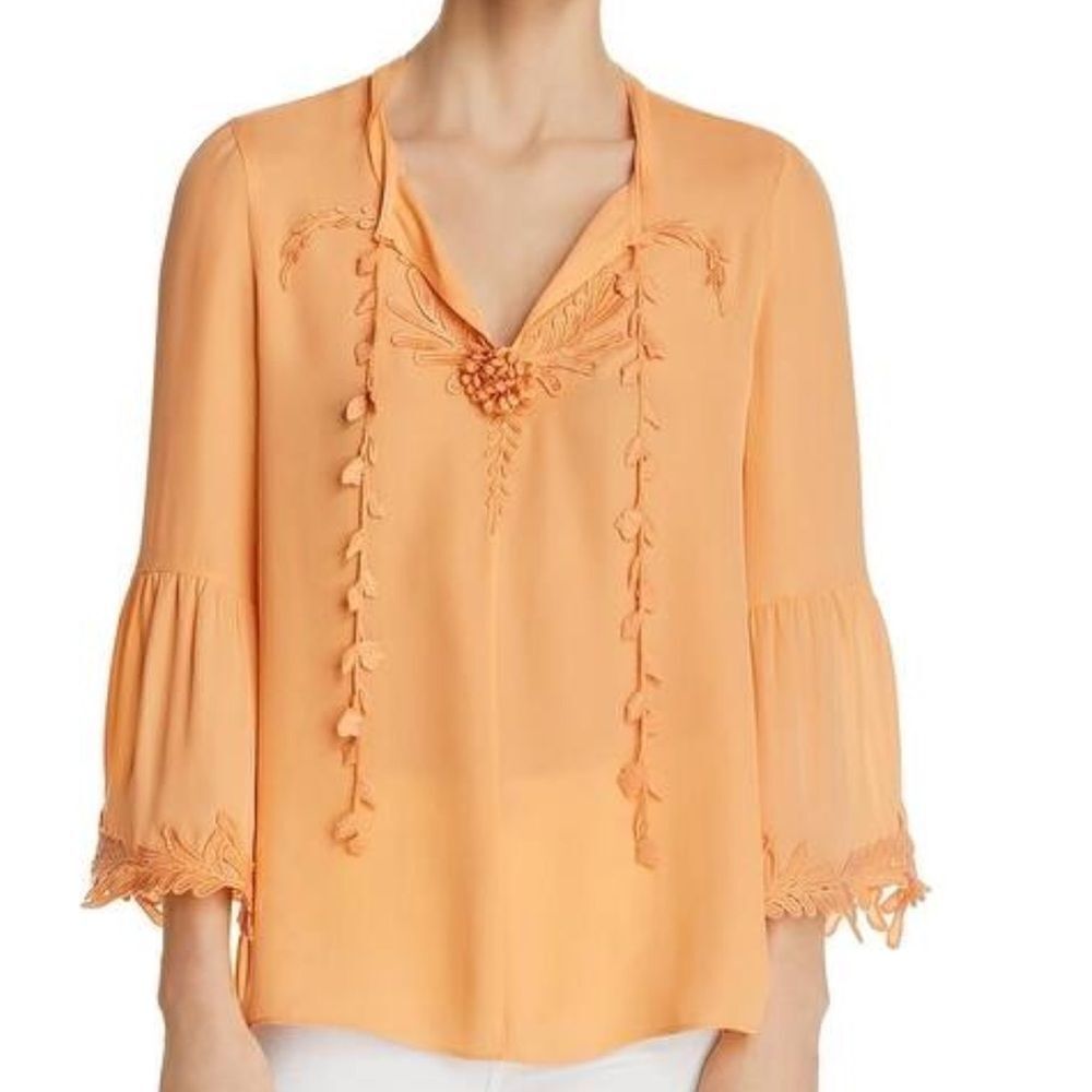 Kobi Halperin Eda Orange Peach Long Sleeve Silk Tie Front Blouse Size Small